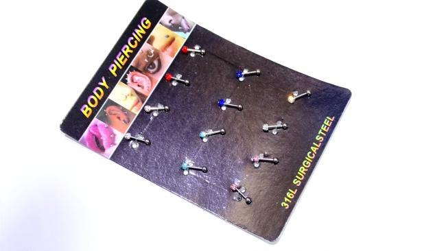 BLISTER AROS ACERO PIERCING BOLITAS STRASS Y ACERO X 12